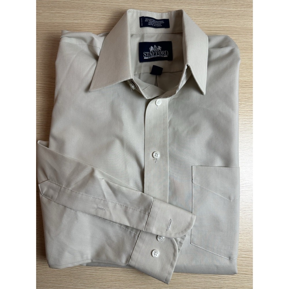 NWOT STAFFORD WRINKLE FREE BUTTON BEIGE DOWN DRESS SHIRT 14 1/2 32/33